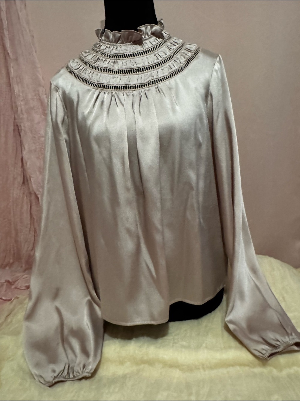 Express Satin High-Neck Blouse in Light Beige